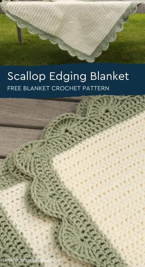 The Compostela Blanket features a modern and sophisticated crochet large scallop edging. This easy crochet baby blanket free pattern is not just a baby crochet blanket pattern. The pattern comes in 5 sizes: lovey, baby, receiving, throw, and king. The crochet scallop border is worked separetly and the easy crochet blanket border free pattern can be used on any blanket. Check out the free crochet blanket pattern here on Knitting with Chopsticks Pretty Crochet Borders For Blankets, Crochet Boarders For Blankets Baby Free Pattern, King Sized Crochet Blanket, Boarder For Crochet Baby Blanket, Thick Crochet Blanket Border, Crotchet Blanket Borders, Edging On Crochet Blanket, Scalloped Edges Crochet, Two Color Crochet Baby Blanket Free Pattern