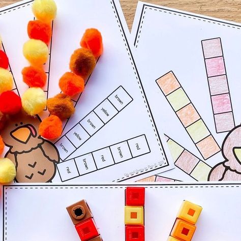 Megan Morris on Instagram: "Turkey Pattern Mats 🦃⁣ ⁣ ⁣⁣Build patterns with unifix cubes, pom-poms, beads, ANYTHING! Mats include color words to read, colored blocks to match, finish-the-pattern, and blank blocks to build your own pattern so you can reach your learners right where they’re at.⁣ The link is in my bio or I can send it straight to your messages 🦃" Turkey Pattern Blocks, Thanksgiving Block Center, Pattern Crafts For Preschool, Unifix Cubes, Block Center, Color Words, Math Blocks, Pattern Activities, Turkey Pattern