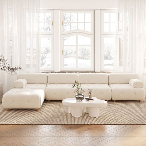 Modern L-Shaped Modular White Boucle Corner Sectional Sofa Loveseat with Wood Legs Sofa Layout, Farmhouse Living Room Furniture, Corner Sectional Sofa, Unique Sofas, Shaped Sofa, Strong Legs, Living Room Sets Furniture, Boucle Fabric, Corner Sectional