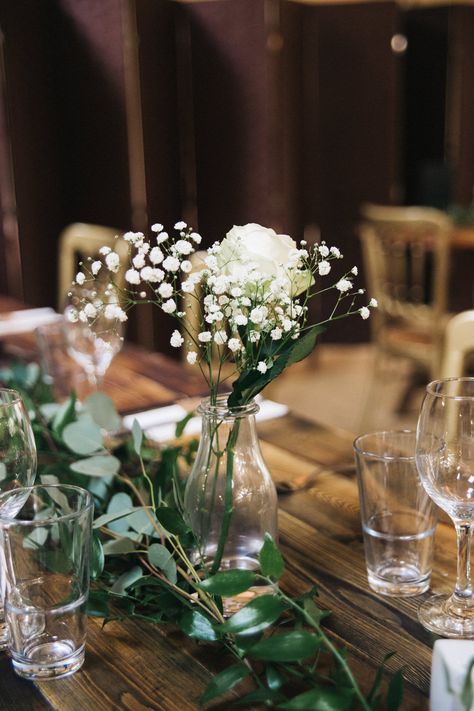 Milk Bottle Wedding Decor, Wedding Gypsophila Table, Milk Bottle Centerpiece Wedding, Flowers In Milk Bottles, Wedding Table Fairy Lights, Gypsophila Table Decorations, Bottle Table Decorations, Fairy Lights Wedding Centerpieces, White Table Flowers