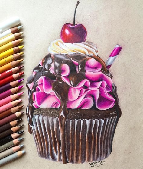 cupcake🍒 - - (repost bc i hated the colored pencil arrangement in the old one) finished cupcake drawing! i really like how this one looks!… Watercolor Pencils Techniques, Cupcake Drawing, Cupcake Tutorial, Prismacolor Art, Colored Pencil Artwork, Cupcake Art, Oil Pastel Paintings, Oil Pastel Art, Oil Pastel Drawings