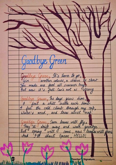 Nature poem, 'Goodbye green' hand written English Poem, Nature Poem, Climb Trees, Green Hand, Hand Written, It's Fall, Handwriting, Writing, Feelings