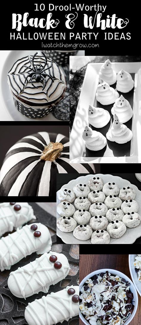 Black And White Halloween Party Ideas, Black And White Halloween Party Decor, White Halloween Food, Black And White Food Ideas, Ghost Themed Halloween Party, Ghost Party Decorations, Hallowine Party Ideas, Ward Halloween Party Ideas, Black And White Costume Ideas