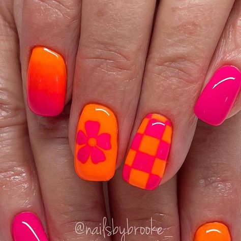 Brooke Jensen on Instagram: "🩷🧡Neon pink and orange nails for this client’s beach trip to Turks and Caicos!!☀️🏝️ . . . . -Do not remove my name off my picture. Ask for permission before using my photo on a website or for marketing purposes. #gelpolish #handpaintednailart #naturalnailsonly #utahnailtech #utahnailartist #nailartist #nailart #naildesigns #nailartdesigns #freehandart #freehandnailart #gelnails #nails #nailmagazine #nailinspo #marchnails #marchnailart #springnails #springnailart #springflowernails #springflowernails #summerflowernails #flowernails #brightsummernails #neonnails #beachnails #pinkorangenails #neonombrenails #neoncheckerednails #neonflowernails #brightcheckerednails" Orange And Pink Nails Summer, Pink And Orange Checkered Nails, Neon And Checkered Nails, Pink Orange Checkered Nails, Bright Checkered Nails, Neon Nails Checkered, Neon Nail Designs 2024, Orange Summer Nails 2024, Pink And Orange Nails