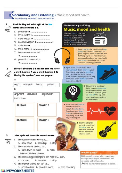 Music And Emotions Activities, Technology Worksheets, Music Listening Worksheet, Listening Worksheet, Music Vocabulary, Health Worksheets, Music Reading, Listening Test, Listening Comprehension