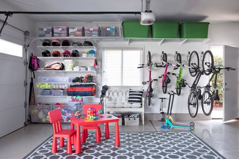 Efficient Garage Organization Garage Organization Bikes, Garage Shoe Storage, Garage Playroom, Garage With Storage, Easy Garage Storage, Garage Storage Inspiration, Garage Organization Tips, Garage Organisation, Garage Shelves