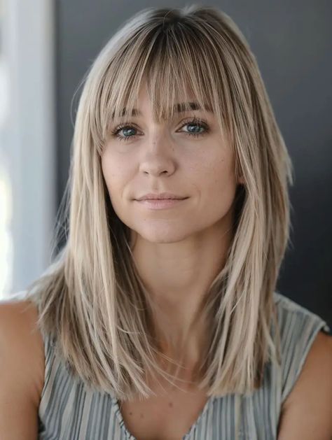 32 Medium-Length Haircuts with Bangs for Every Face Shape Hairstyle With Fringe Medium, Wispy Bangstyle Hair Medium, Bangs High Forehead, Long Lob With Bangs, Over 50 Haircuts Medium Lengths, Layers For Medium Length Hair With Bangs, Medium Length Haircut With Fringe, Straight Haircut With Bangs, Medium Length Hair With Fringe