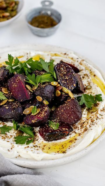 Jaclyn | Food blogger on Instagram: "roasted beets with whipped feta! how much whipped feta is too much? please don’t answer that 😬🫠. this is a great fall version of my previous whipped feta with scallions, because we’re using roasted beets. the beets are roasted until softened and then served on whipped feta. sprinkle with za’atar, toasted pumpkin seeds and parsley, ugh so so good! here’s how to make it! INGREDIENTS: 6-8 beets, peeled Olive oil Salt and pepper 7 ozs feta cheese, room temperat Whipped Feta With Beets, Whipped Feta And Beets, Roasted Beets With Whipped Feta, Roasted Beets And Feta, Whipped Feta Beet Salad, Roasted Beets Oven, Beet Roasted, Roasted Beats, Roasted Beets And Carrots