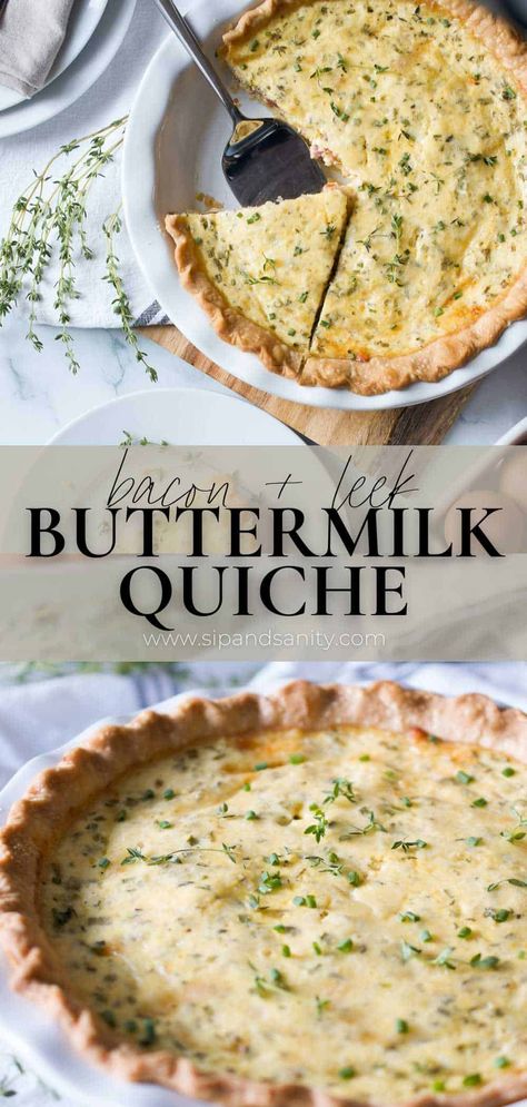 Bacon + Leek Buttermilk Quiche is a savory, tangy, cheesy brunch favorite that pairs perfectly with salads, fruit, and great company! With enough bacon and cheese to satisfy, combined with aromatic sweet leeks and garlic, and punctuated by a custard made with tangy buttermilk to add balance, it makes a perfect meal for brunch, lunch or dinner! Buttermilk Quiche, Bacon And Cheese, Buttermilk Recipes, Quiche Recipe, Quiche Recipes, Bacon Cheese, Breakfast Brunch Recipes, Breakfast Time, Breakfast Casserole