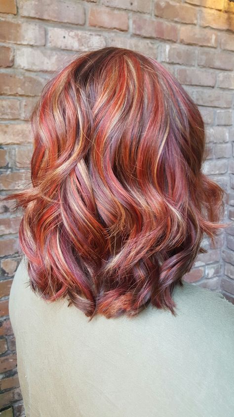 Red And White Highlights Hair, Red And Gray Hair Color Combos, Red Hair Silver Highlights, Red Hair With White Highlights, Red Hair With Silver Highlights, Purple Curls, Light Auburn Hair Color, Copper Brown Hair Color, Red Violet Hair