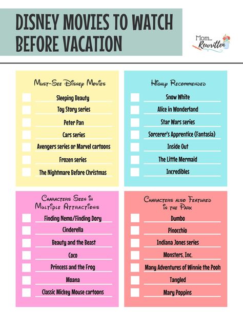 Wondering which Disney movies are most important to watch before a Disneyland vacation? These are the must-see, most highly recommended and other popular characters that appear in the parks. Get the free printable checklist of Disney movies to watch before vacation as well as tips on where to find the characters in and around the parks. #Disneyland #Disney #DisneyPlanning #DisneyMovies #Disney+ #DisneyTrips Disney Film Checklist, Movies To Watch Before Disney World, Disney Trip For Adults, Disney World Planner, Disneyland Paris Tips, Disneyland 2024, Disney Movies List, Disney 2023, Vacation 2024