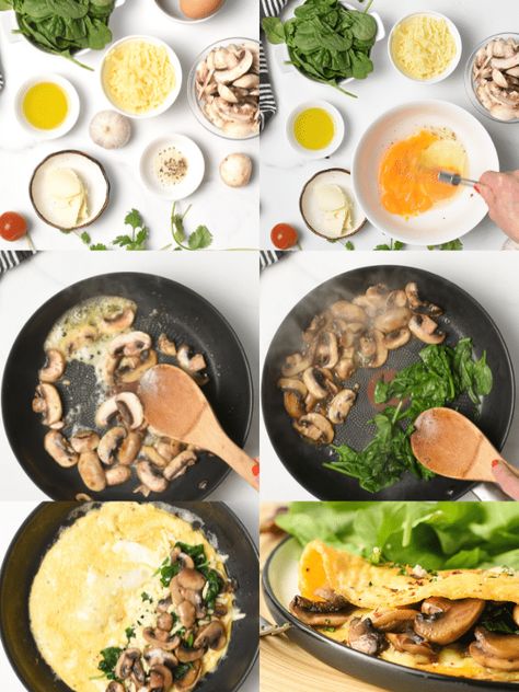 This Easy Spinach Mushroom Omelette is an delicious keto vegetarian breakfast recipe easy to whip in 10 minutes everyday of the week. Plus, this omelette recipe has a dairy-free option too! Vegetarian Breakfast Recipes Easy, Egg Omelette Recipe, Healthy Omelette, Salade Healthy, Healthy Desayunos, Omlet Recipes, Omelette Recipe Easy, Mushroom Omelette, How To Make Spinach