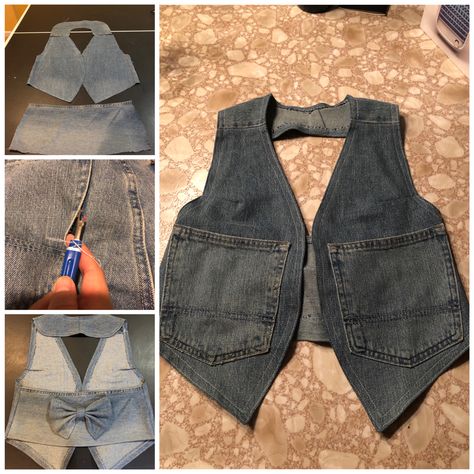 Thrift Flip Jean Jacket, Jeans To Vest Diy, Denim Vest From Old Jeans, How To Make A Vest Out Of A Tshirt, Jean Vest Pattern, Diy Vest From Shirt, Jeans Makeover Diy, Denim Vest Pattern, Denim Vest Diy