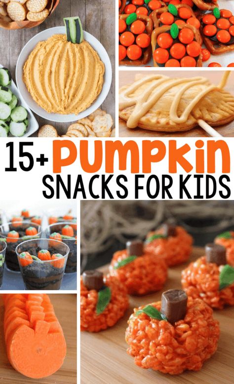 Kids will love these pumpkin themed snacks! They are simple to make and make a fall party even more exciting! #classparty #fallparty #fallfood #pumpkinsnacks Pumpkin Snacks For Kids, Pumpkin Snacks, Easy Pumpkin Recipes, Snacks To Go, Fall Snack Mixes, Pumpkin Rice Krispie Treats, Theme Snack, Pumpkin Snack, Pumpkin Patch Party