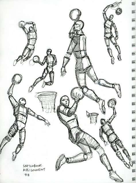 2015 Figure Drawing - Citrus College Sketchbook Homework: Draw several figures in a variety of poses using Cylindrical, Block, and Ovoid froms using ink pen only (no pencil) Page 2 of 2: In order to make this a bit more fun for myself, I decided to use poses from none other than my favorite basketball player ever (the greatest of all, btw!), Michael Jordan! #arielsartwork #figuredrawing #citruscollege #markwessel #art #drawing #cylindrical #cylindricalform #block #blockform #blockfigure #ovoid # Sport Pose Reference Drawing, Basketball Anatomy Drawing, Basketball Reference Drawing, Basketball Figure Drawing, Basketball Player Reference, Basketball Players Drawing, Basketball Drawing Ideas, Basketball Art Draw, Basketball Reference Pose