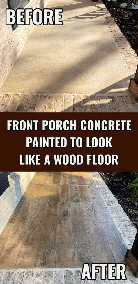 Ugly Front Porch Concrete Painted To Look Like Wood Floor before and After - DIY home improvement projects Porch Tile Ideas, Stained Concrete Porch, Painted Cement Patio, Painted Cement Floors, Concrete Floors Diy, Painted Porch Floors, Concrete Front Porch, Concrete Stain Patio, Painted Concrete Steps