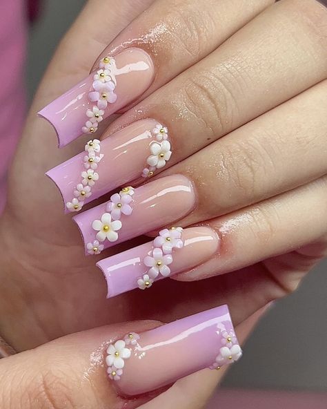 nails by: nailsxlizeth_ on insta <3 Rhine Stone Placement On Nails, Sanrio Duck Nails, Flower Charms On Nails, Purple Nails Ideas Short, Nails With Flower Charms, Flower Charm Nails, Nail Art With Charms, Valentines Nails French, Nail Inspo Hello Kitty