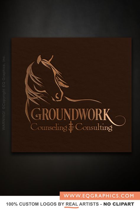 A counseling logo needs to evoke a feeling of peace and freedom. Dena had perused counseling logo samples prior to her brainstorming session, and had some ideas of her own to bring to the design table. We created a line art illustration of a horse whose feather adorned mane is blowing in the wind to bring an untamed feeling to Dena’s custom logo design. The business name is hand lettered below the spirited horse sketch in a western style serif font. Horse Branding Ideas, Ranch Logo Design Ideas, Horse Logo Design Graphics, Horse Logo Design Ideas, Logo Cheval, Counseling Logo, Horse Symbol, Horse Logo Design, Farm Logo Design