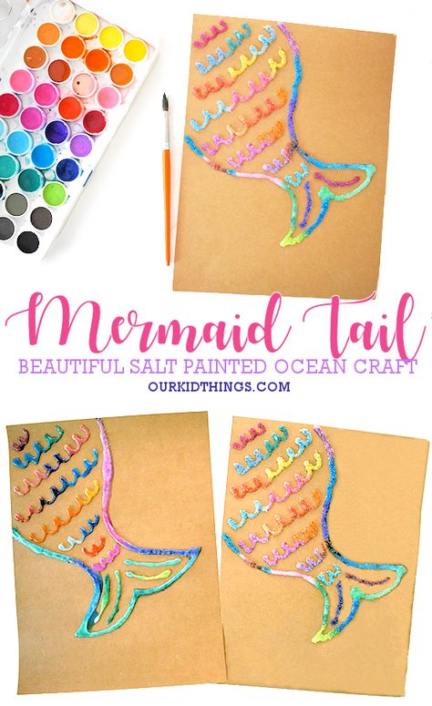 Salt Paint Mermaid Tail Mermaid Tails Craft, Mermaid Tails Printable Free, Mermaid Tail Craft Preschool, Mermaid Art And Craft, Mermaid Art For Preschool, Mermaid Learning Activities, Mermaid Toddler Craft, Easy Mermaid Craft, Mermaid Art Projects For Kids