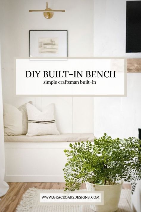 Simple craftsman style built-in bench with fireplace. White concrete fireplace and painted white built-in bench. Cozy linen cushion and throw pillows. Picture light hung above with landscape art. Storage Bench Next To Fireplace, Ikea Wall Built In, Fireplace With Benches On Each Side No Windows, Built In Bench With Shelves, Built In Bench By Fireplace, Built In Benches Next To Fireplace, Fireplace Bench Seating Diy, Diy Fireplace With Shelves, Fireplace Makeover With Bench