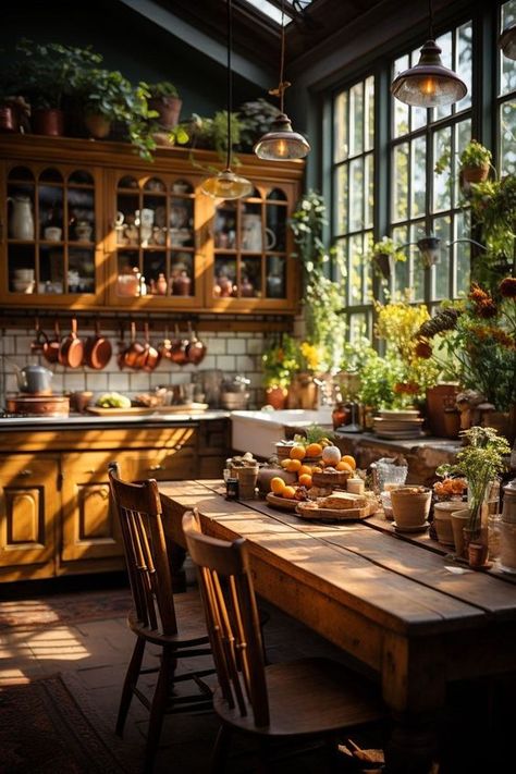 A Rustic Kitchen With Vintage Ceramics And Fresh Flowers In Sunlight Flowers In Sunlight, Witchy Kitchen, Vintage Ceramics, Cozy Kitchen, Cottage Kitchen, Cozy Nook, Vintage Farmhouse, Kitchen Space, Rustic Kitchen