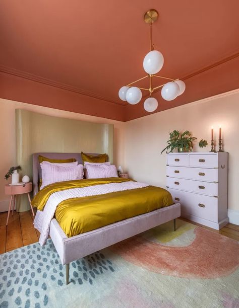 West Elm Bedroom, Rugs Layout, Bedroom Reveal, Pink Baths, Painted Ceiling, Spare Room, Boho Living Room, Ceiling Decor, Pink Walls