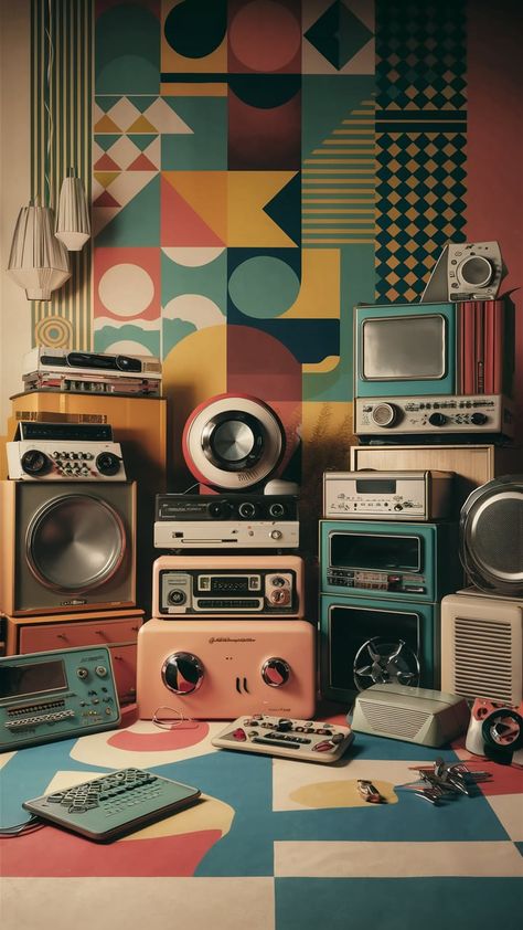 Immerse yourself in a vintage room where mid-20th century aesthetics meet vibrant pop art. Featuring classic gadgets and iconic gaming consoles against a Bauhaus-inspired backdrop, this retro tech wallpaper captures soft 70s hues, bold graphic patterns, and retro futurism. Perfect for enthusiasts of nostalgia, vintage decor, and pop culture. Elevate your space with a touch of innovative history! Vintage Futurism Aesthetic, Vintage Room Ideas Retro, Retro Futurism Aesthetic, Vintage Futurism, Vintage Desktop Wallpapers, Tech Wallpaper, Futurism Art, Pop Art Colors, Bauhaus Inspired