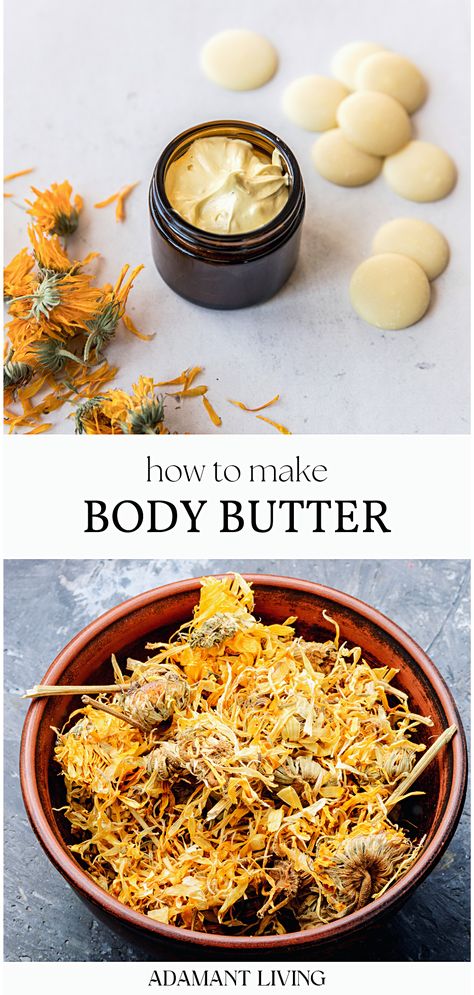 Indulge your skin with our DIY calendula body butter recipe. Using the finest calendula flower recipes, this skincare delight packs in numerous calendula skin benefits. The outcome is a luxurious body butter that not only moisturizes but also feeds your skin with nature's best. It's your ultimate partner for skincare, ensuring that you wake up to a soft, glowing skin every morning. It's the perfect skincare treat you can give yourself. Body Butter Recipes, Bath Tea Recipe, Herbal Salve Recipes, Diy Body Butter Recipes, Homemade Lotion Recipe, Body Butter Recipe, Flower Recipes, Body Care Recipes, Herbal Medicine Recipes