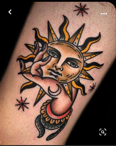 Traditional Sun Tattoo, Traditional Tattoo Inspiration, Sun And Moon Tattoo, Traditional Style Tattoo, Traditional Tattoo Sleeve, Sun Tattoos, Old School Tattoo Designs, Tatuaje A Color, Traditional Tattoo Design