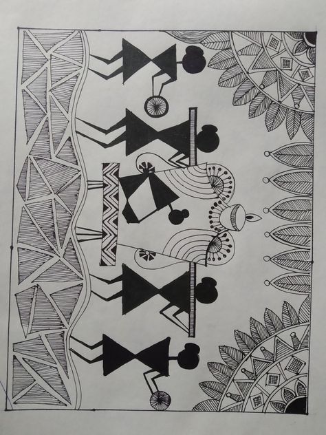 Indian Folk Art Easy, Warli Art Easy, Warli Arts, Saura Art, Warli Paintings, Worli Painting, Indian Motif, Warli Painting, Fork Art