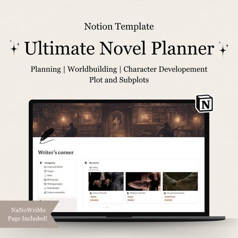 Notion template, where you can find everything you need every day as a writer. Now you can have a place for all of your notes, chapters and information. Not only with a back up so your data is never lost but also with the possibility to use it everywhere you go.  WHY SHOULD YOU BUY THIS TEMPLATE?  - As writer myself I build this detailed template to suit your every need. It can be used either by professional writers or those who likes to write as their hobby.    - You have characters but are you Writer Notion Template, Notion For Writers, Notion Writing Template, Writing Notion, Notion Examples, Notion Weekly, Book Writing Template, Novel Planning, Notion Tips