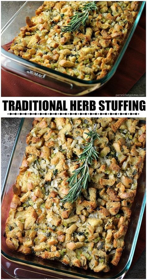 Traditional Herb Stuffing is very easy to make and filled with fresh, flavorful herbs. It'll be a hit on any Thanksgiving table! | www.persnicketyplates.com Persnickety Plates, Vegetarian Stuffing, Turkey Stuffing Recipes, Thanksgiving Stuffing Recipes, Stuffing Recipes For Thanksgiving, Herb Stuffing, Vegetarian Thanksgiving, Thanksgiving Stuffing, Thanksgiving Recipes Side Dishes