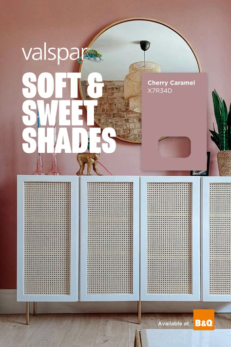 Cherry Caramel Valspar, Pale Pink Dining Room, Valspar Pink Paint Colors, B&q Paint Colours, Pink Bathroom Paint, Pink Dining Rooms, Pink Ceiling, 2024 Bedroom, Pink Paint Colors