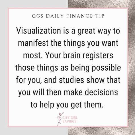 Now, visualization allows me to see what I want to accomplish. I can picture myself after I’ve accomplished the goal. Visualization doesn’t necessarily tell you HOW you can get to what you’re visualizing, but it does open your mind to what’s possible. Leverage #visualization to help you imagine what’s possible for your life! Check out the #citygirlsavings podcast episode all about the power of visualization! What Do I Want Out Of Life, Power Of Visualization, Brain Rewire, Goal Visualization, Visualize Quotes, I Get What I Want, Health Campaign, Mental Health Campaigns, How To Visualize