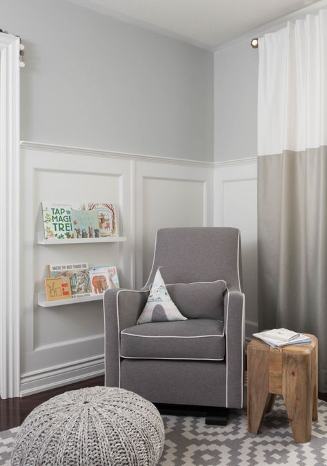 Project Nursery - Woodland glider nursery grey white boho wainscoting teepee bookstorage contemporary colourblocked children kids Boho Woodland Nursery, Nursery Design Girl, Wainscoting Nursery, Wainscoting Bedroom, Woodworking Plans Patterns, Wainscoting Styles, Diy Wainscoting, Nursery Glider, Diy Playbook