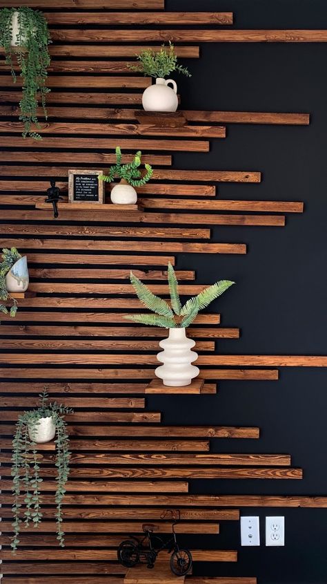 Accent Wall Black, Wood Wall Design, Wall Makeover, Wood Slat Wall, Wood Accent Wall, Fa Fal, Diy Ikea, Creation Deco, Slat Wall