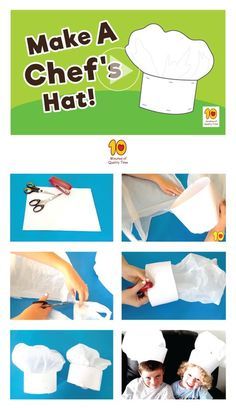 How to make a DIY Chef's Hat for Kids This is a fun activity you can do with the kids at home. All you will need is - 1. Scissors 2. Stapler 3. White paper or card stock 4. A plastic bag Have fun! Paper Chef Hats, Chef Hats For Kids, Camp Themes, Cool Card Tricks, Cooking Theme, Kid Chef, Community Helpers Preschool, Hat For Kids, Kids At Home