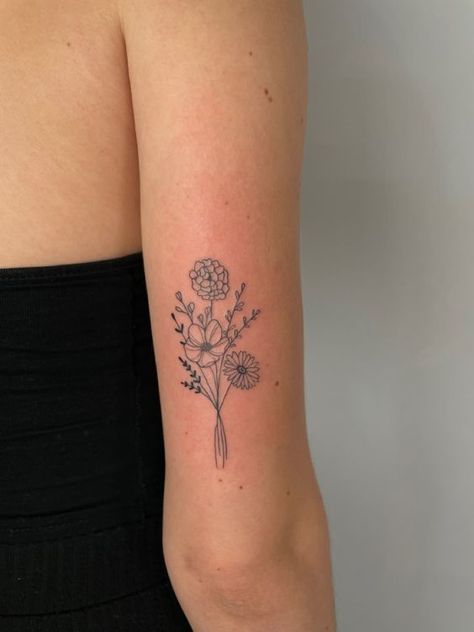 Upper Shoulder Flower Tattoo, Cutest Tattoos For Women Small, Always Tattoo With Flowers, Cosmo And Daffodil Tattoo, Flower Bouquet And Butterfly Tattoo, Womens Sticker Sleeve Tattoo, Daffodil Daisy Tattoo, Poppy And Narcissus Flower Tattoo, Small Butterfly Flower Tattoo