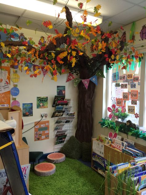 Woodland Faraway tree story book corner made with chicken wire and modroc Book Corner Eyfs, Book Corner Classroom, Home Corner Ideas Early Years, Ks1 Classroom, Library Corner, Reading Corner Classroom, The Magic Faraway Tree, Book Area, Classroom Decor Middle