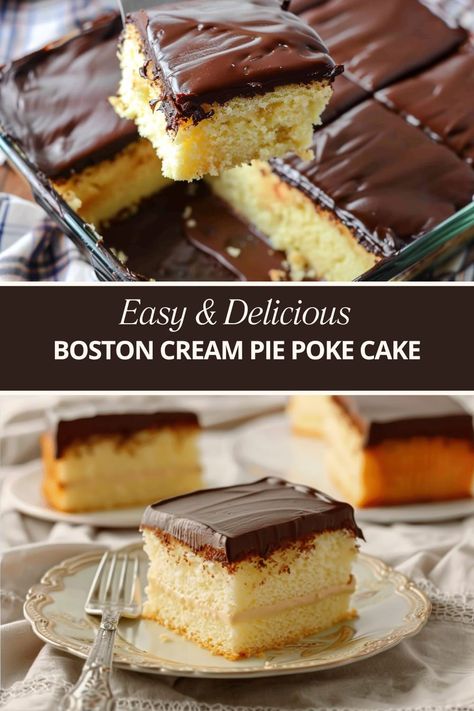 Boston cream pie poke cake Boston Cream Pie Sheet Cake, Black Forest Poke Cake, Boston Cream Pie Poke Cake, Boston Cream Pie Cake, Lemon Lush Recipe, Boston Cream Pie Recipe, Boston Cream Poke Cake, Lush Recipes, Baked Dessert