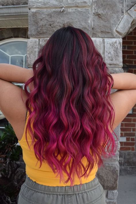 Hair Color Inspiration For Medium Hair, Magenta Underneath Hair, Magenta Highlights On Dark Hair, Pink Highlights On Dark Hair, Magenta Hair Highlights, Balyage Long Hair Brunettes Dark, Reddish Pink Hair, Raspberry Pink Hair, Berry Pink Hair