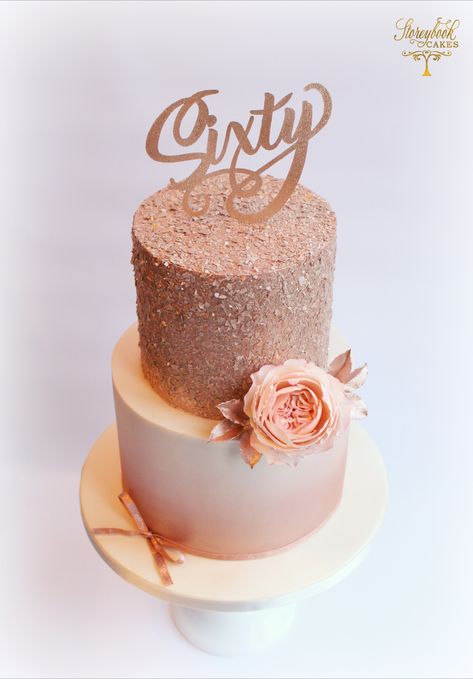 Rose gold glittery birthday cake with airbrushed ombre tier. Rose Gold Two Tier Cake, 60th Birthday Ideas For Mom Rose Gold, Rose Gold 60th Birthday Cake, Rose Gold Birthday Cake Ideas, 60th Birthday Cake For Mom Elegant, Two Tier Birthday Cake For Women Elegant, Rose Gold Birthday Cakes, Rose Gold 50th Birthday Cake, Rose Gold Birthday Cake For Women