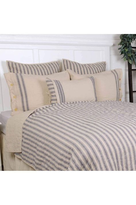 Piper Classics Market Place Blue Ticking Stripe Quilt, King, 95' x 105', Blue & Natural Cream Qui... Blue Ticking Stripe Bedding, Blue Farmhouse Bedding, Daybed Comforter Sets, Daybed Comforter, Piper Classics, Ticking Stripe Bedding, Beds Australia, Daybed Sets, Primitive Bedroom