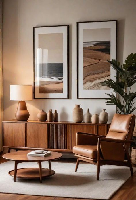 Neutral Mid Century Modern Living Room, Mid Century Scandinavian Living Rooms, Dark Wood Furniture Living Room, Living Room White Walls, Warm Modern Living Room, Miami Loft, Cozy Mid Century Modern Living Room, Modern Mid Century Living Room, White Couch Living Room