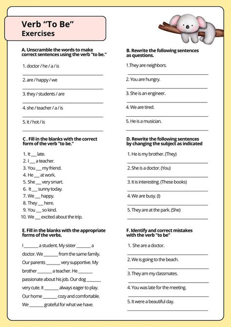 Verb To Be Exercise Worksheet Yellow Cute Simple Style - Templates by Canva Verbs To Be Worksheet, To Be Exercises English, Verb Be Worksheets For Kids, To Be Verb Grammar, To Be Verbs Worksheet, Verb To Be Worksheets For Kids, To Be Worksheet For Kids, Verb To Be Worksheets, Canva Worksheet