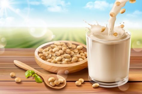 Organic soy milk ads on wooden table and... | Premium Vector #Freepik #vector #soybean #soya #soy-bean #soy Milk Ads, Field Background, Soy Beans, Adobe Illustrator Graphic Design, Vector Food, Organic Nature, Green Field, Soy Milk, Wooden Table