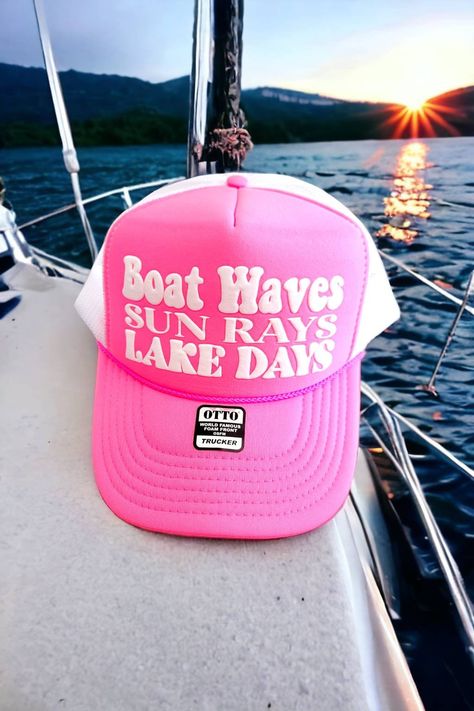 Pink and White Trucker Hat with with puff print.  Heavy duty sewn contrast stitching, plastic adjustable snap back closure. Funny Trucker Hat, White Trucker Hat, Pink Trucker Hat, Boat Days, Custom Trucker Hats, Funny Hats, Lake Days, Puff Print, Hat Ideas