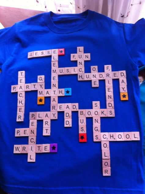 Scrabble T-Shirt for our 100 Day Party (I let my son help me think of "school" words to put on here). 100 Day Party, 100 Day Shirt Ideas, 100days Of School Shirt, 100 Días De Clases, 100th Day Of School Crafts, 100s Day, 100 Day Of School Project, Star Students, School Spirit Shirts