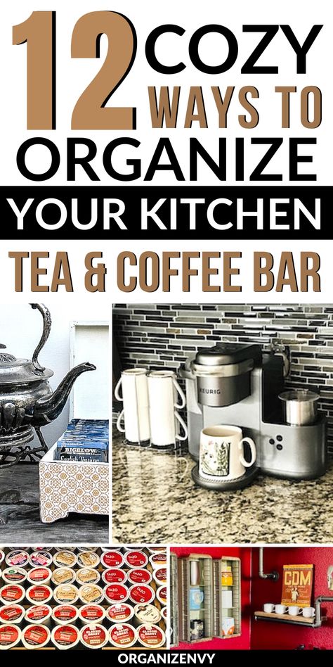 12 ideas for organizing your tea or coffee station in the kitchen! Maximize space, make it feel cozy, and enjoy your mornings (or evenings). Coffee And Tea Station Countertop Farmhouse, Tea Coffee Station Ideas, Coffee And Tea Organization Countertop, Coffee And Tea Counter Station, Coffee Tea Storage, Tea Station Ideas Small Spaces Kitchen, Tea Station Kitchen Countertops, Coffee And Tea Stations, Diy Tea Bar Station