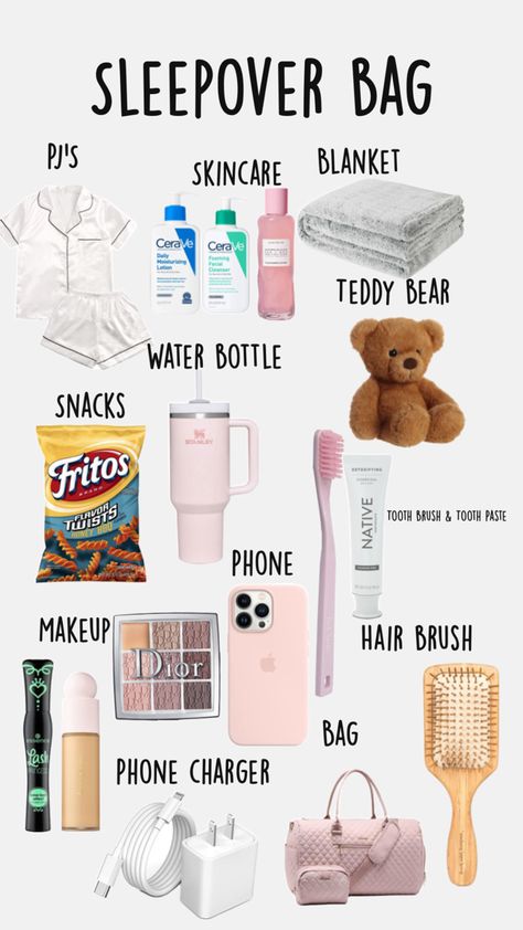 Sleepover Preppy, Sleepover Checklist, Aesthetic Sleepover, Sleepover Packing List, Preppy Sleepover, Fun Sleepover Activities, Teen Sleepover Ideas, Sleepover Essentials, Road Trip Bag